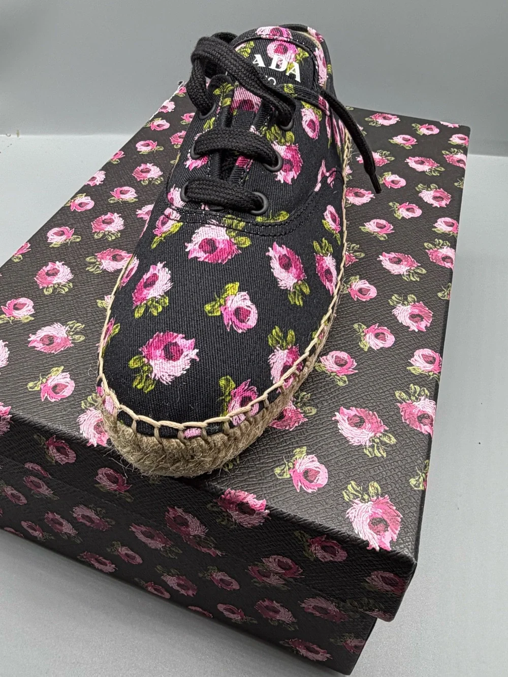 Prada Floral Black Lace-Up Espadrille